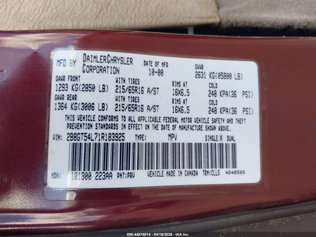 44876014 :رقم المزاد ، 2B8GT54L71R183925 vin ، 2001 Dodge Grand Caravan Es مزاد بيع