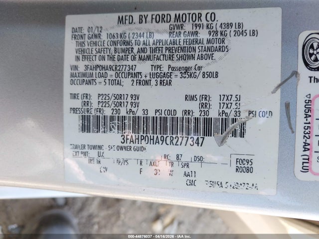 44876037 :رقم المزاد ، 3FAHP0HA9CR277347 vin ، 2012 Ford Fusion Se مزاد بيع
