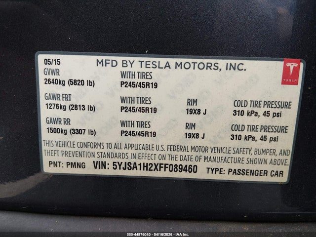 Tesla MODEL S 2015 5YJSA1H2XFF089460 Image 9