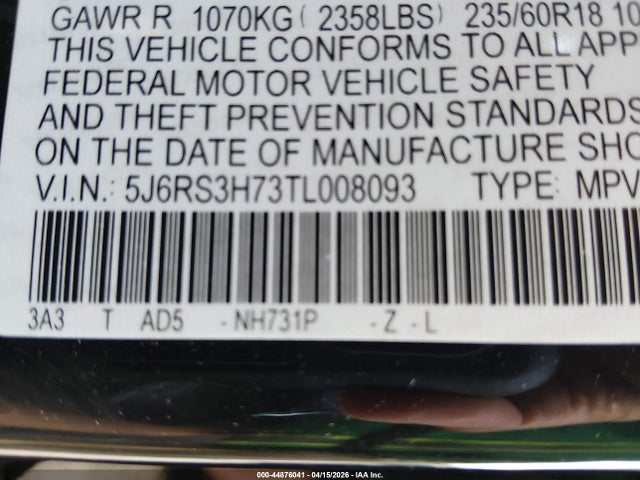Aukcja sprzedaży 2026 Honda Cr-v Ex-l 2wd, vin: 5J6RS3H73TL008093, numer aukcji: 44876041