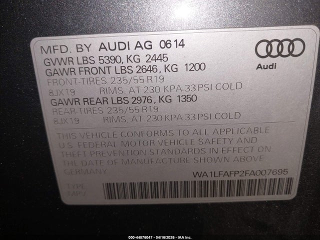 Продаж на аукціоні авто 2015 Audi Q5 2.0t Premium, vin: WA1LFAFP2FA007695, номер лоту: 44876047