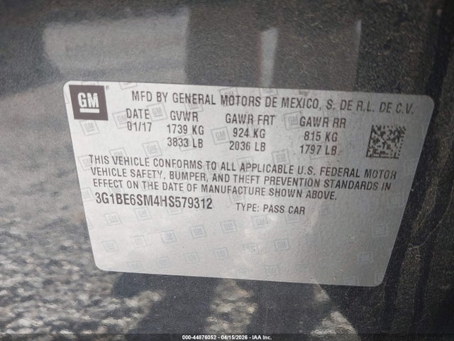 2017 Chevrolet Cruze Lt Auto მანქანა იყიდება აუქციონზე, vin: 3G1BE6SM4HS579312, აუქციონის ნომერი: 44876052