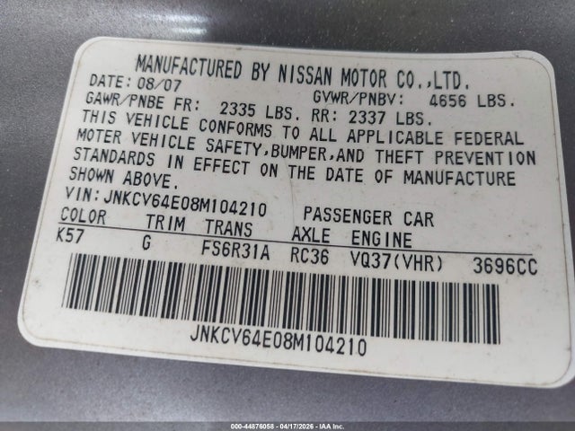 Продаж на аукціоні авто 2008 Infiniti G37 Journey/sport, vin: JNKCV64E08M14210, номер лоту: 44876058
