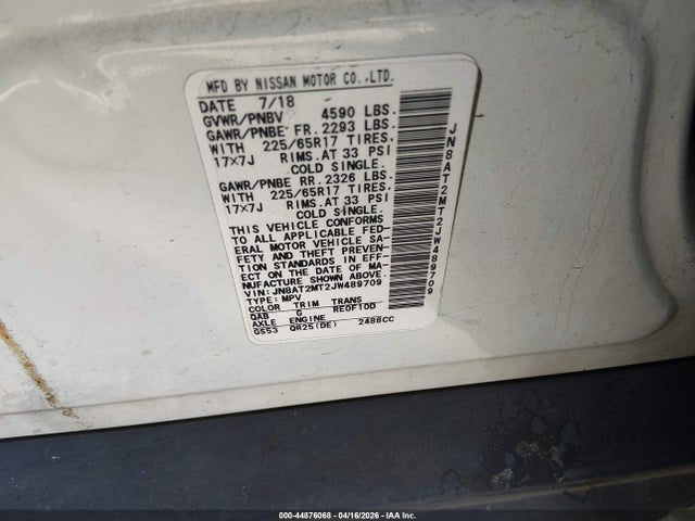 44876068 :رقم المزاد ، JN8AT2MT2JW489709 vin ، 2018 Nissan Rogue Sv مزاد بيع