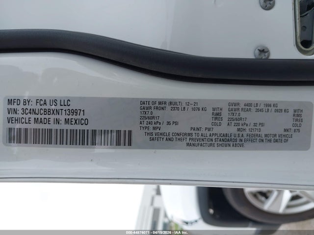 Aukcja sprzedaży 2022 Jeep Compass Latitude Fwd, vin: 3C4NJCBBXNT139971, numer aukcji: 44876071