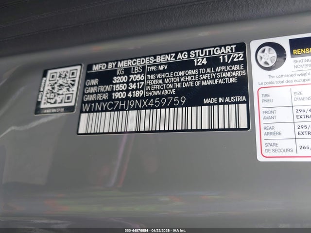 Продажа на аукционе авто 2022 Mercedes-benz Amg G 63 4matic, vin: W1NYC7HJ9NX459759, номер лота: 44876084