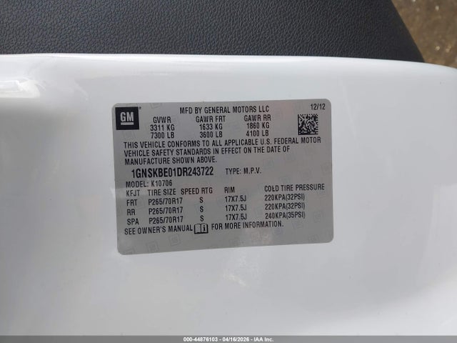 Продажа на аукционе авто 2013 Chevrolet Tahoe Lt, vin: 1GNSKBE01DR243722, номер лота: 44876103