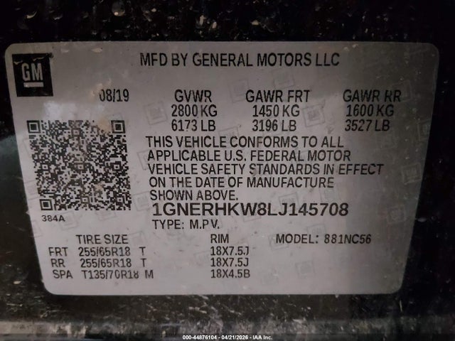 1GNERHKW8LJ145708 Chevrolet Traverse Fwd Lt Leather