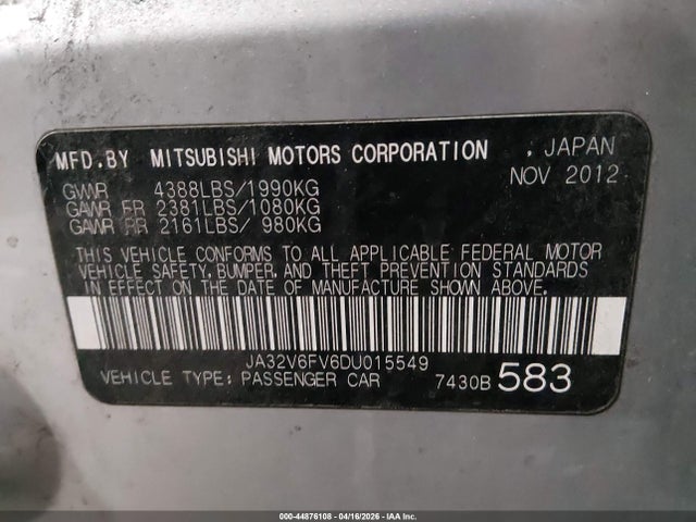 Продаж на аукціоні авто 2013 Mitsubishi Lancer Ralliart, vin: JA32V6FV6DU015549, номер лоту: 44876108