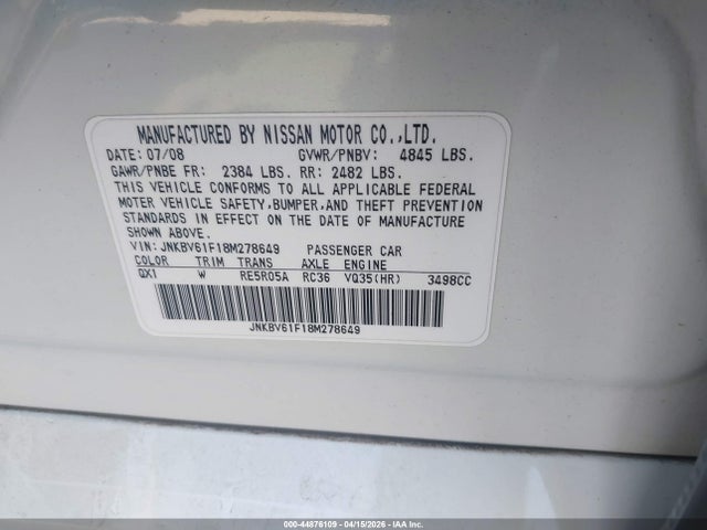 Aukcja sprzedaży 2008 Infiniti G35x, vin: JNKBV61F18M278649, numer aukcji: 44876109