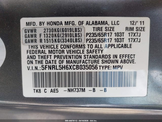 2012 Honda Odyssey Ex-l მანქანა იყიდება აუქციონზე, vin: 5FNRL5H6XCB035056, აუქციონის ნომერი: 44876112