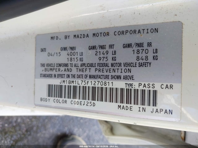 Aukcja sprzedaży 2015 Mazda Mazda3 I Touring, vin: JM1BM1L75F1270811, numer aukcji: 44876114