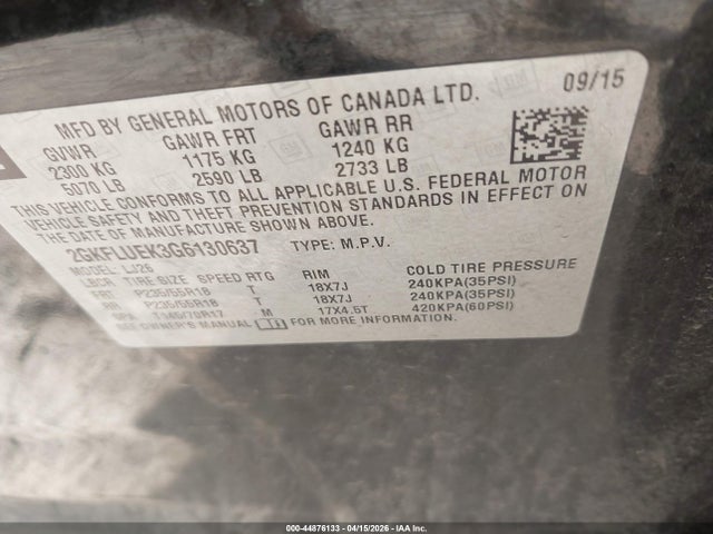 44876133 :رقم المزاد ، 2GKFLUEK3G6130637 vin ، 2016 Gmc Terrain Slt مزاد بيع