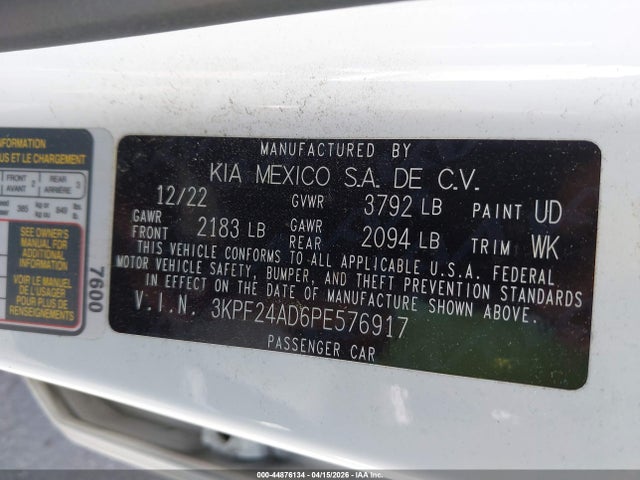 3KPF24AD6PE576917 KIA FORTE LX