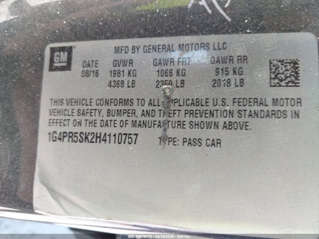 2017 Buick Verano Sport Touring მანქანა იყიდება აუქციონზე, vin: 1G4PR5SK2H4110757, აუქციონის ნომერი: 44876172
