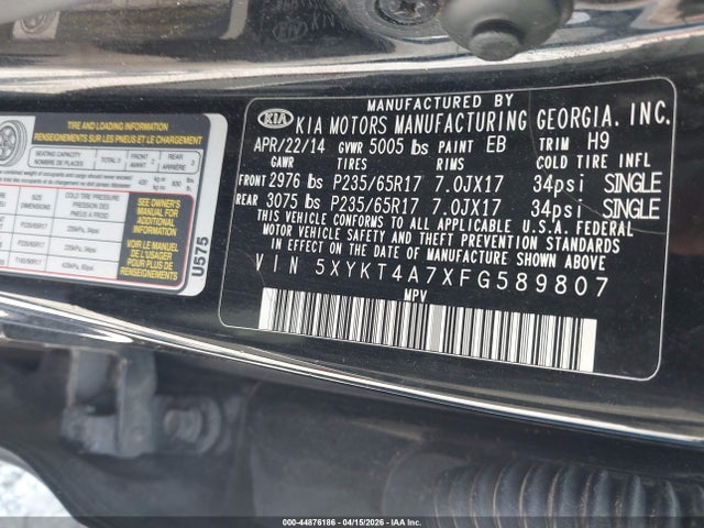 2015 Kia Sorento Lx V6 მანქანა იყიდება აუქციონზე, vin: 5XYKT4A7XFG589807, აუქციონის ნომერი: 44876186