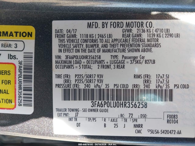3FA6P0LU0HR356258 Ford Fusion Hybrid Se