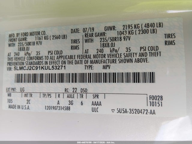 2019 Lincoln Mkc Select მანქანა იყიდება აუქციონზე, vin: 5LMCJ2C91KUL53271, აუქციონის ნომერი: 44876199