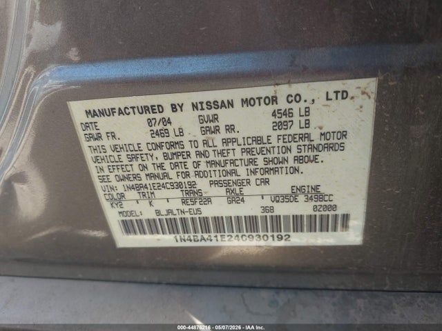 Продажа на аукционе авто 2004 Nissan Maxima 3.5 Se, vin: 1N4BA41E24C930192, номер лота: 44876216