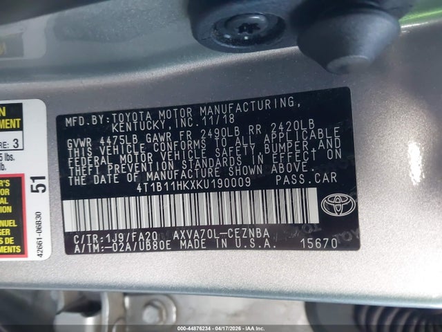 4T1B11HKXKU190009 Toyota CAMRY LE