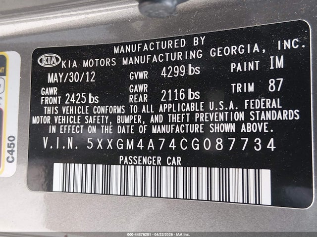 2012 Kia Optima Lx მანქანა იყიდება აუქციონზე, vin: 5XXGM4A74CG087734, აუქციონის ნომერი: 44876281