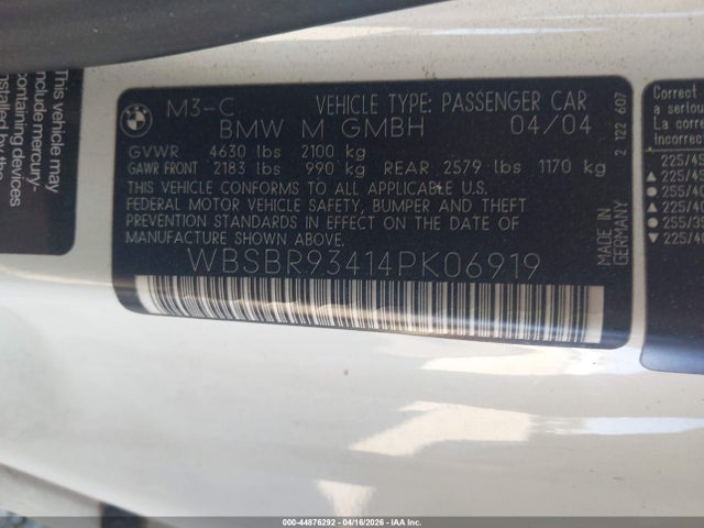 44876292 :رقم المزاد ، WBSBR93414PK06919 vin ، 2004 Bmw M3 مزاد بيع