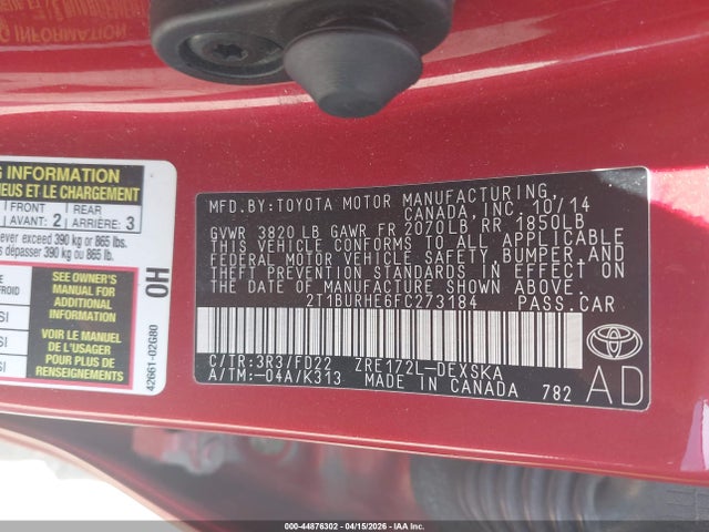 Auction sale of the 2015 Toyota Corolla S Plus, vin: 2T1BURHE6FC273184, lot number: 44876302
