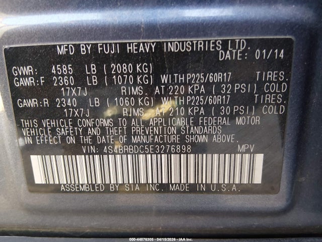 44876305 :رقم المزاد ، 4S4BRBDC5E3276898 vin ، 2014 Subaru Outback 2.5i Premium مزاد بيع