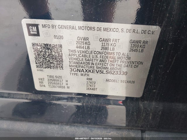 44876317 :رقم المزاد ، 3GNAXKEV5LS623330 vin ، 2020 Chevrolet Equinox Fwd Lt 1.5l Turbo مزاد بيع