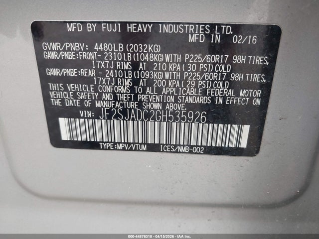 Aukcja sprzedaży 2016 Subaru Forester 2.5i Premium, vin: JF2SJADC2GH535926, numer aukcji: 44876318