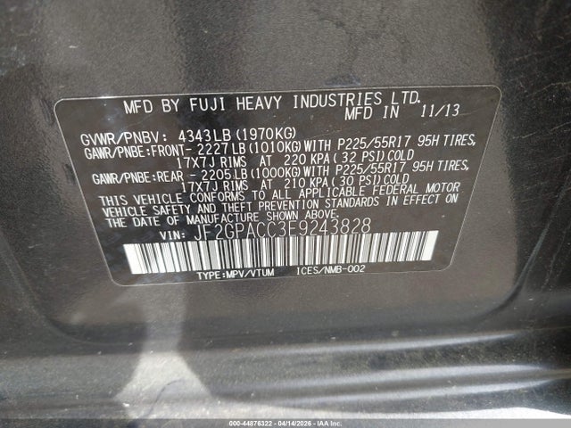 Aukcja sprzedaży 2014 Subaru Xv Crosstrek 2.0i Premium, vin: JF2GPACC3E9243828, numer aukcji: 44876322
