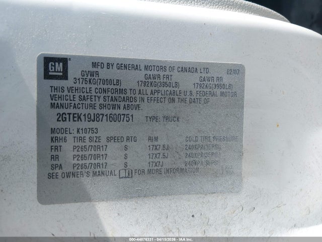 Aukcja sprzedaży 2007 Gmc Sierra 1500 Sle1, vin: 2GTEK19J871600751, numer aukcji: 44876331