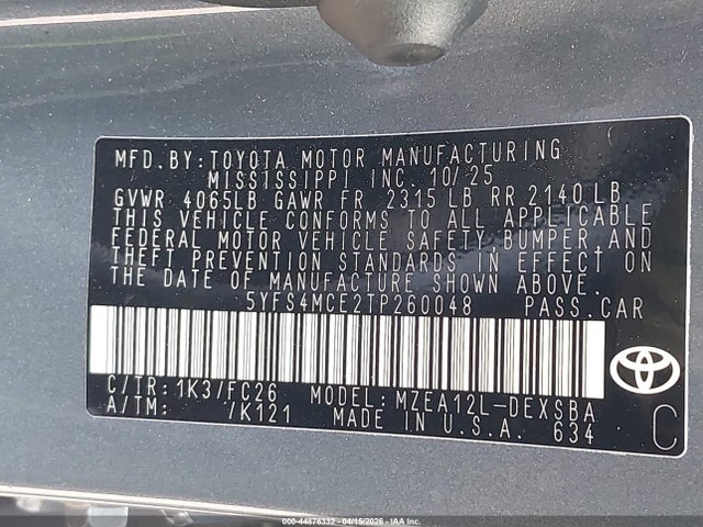 Aukcja sprzedaży 2026 Toyota Corolla Se, vin: 5YFS4MCE2TP260048, numer aukcji: 44876332