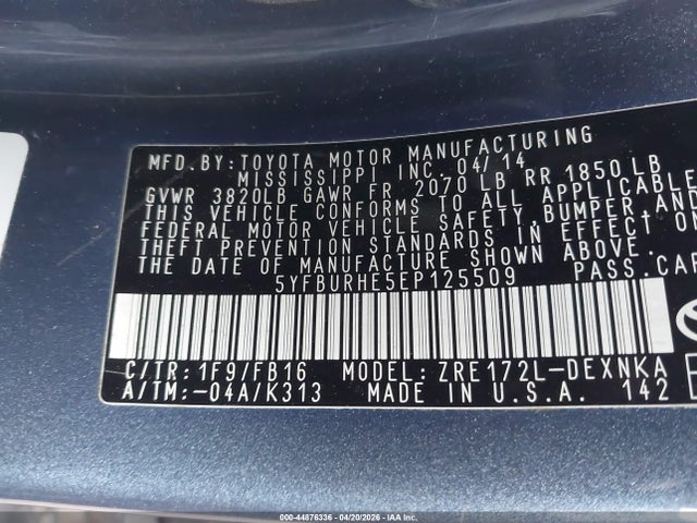 5YFBURHE5EP125509 Toyota COROLLA LE