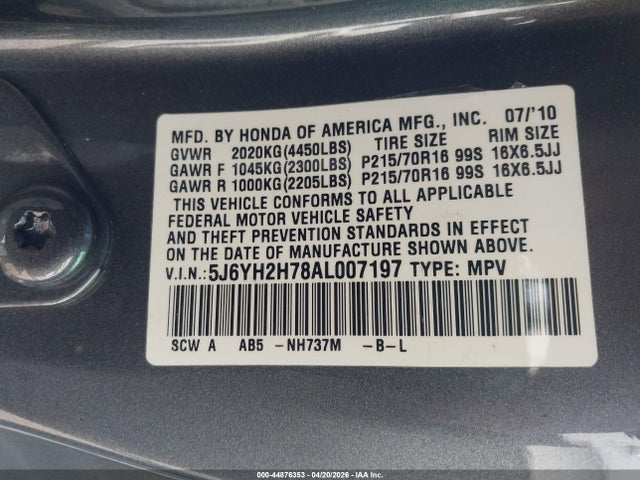 2010 Honda Element Ex მანქანა იყიდება აუქციონზე, vin: 5J6YH2H78AL007197, აუქციონის ნომერი: 44876353