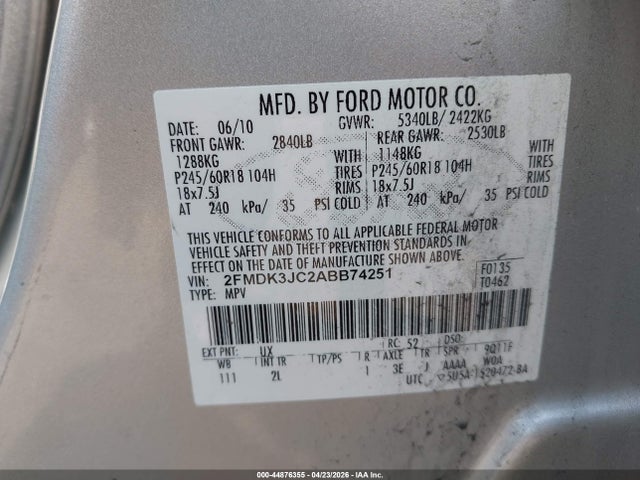 2010 Ford Edge Sel მანქანა იყიდება აუქციონზე, vin: 2FMDK3JC2ABB74251, აუქციონის ნომერი: 44876355