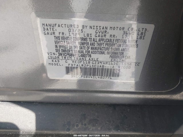 Продаж на аукціоні авто 2025 Nissan Kicks Play S, vin: 3N1CP5BV4SL480776, номер лоту: 44876366