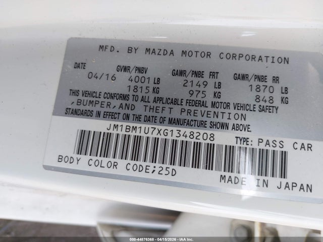 Aukcja sprzedaży 2016 Mazda Mazda3 I Sport, vin: JM1BM1U7XG1348208, numer aukcji: 44876368