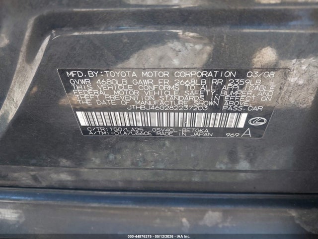Продаж на аукціоні авто 2008 Lexus Es 350, vin: JTHBJ46G282237203, номер лоту: 44876375