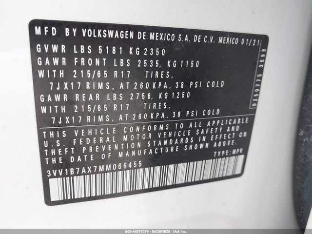 44876379 :رقم المزاد ، 3VV1B7AX7MM066455 vin ، 2021 Volkswagen Tiguan 2.0t S مزاد بيع
