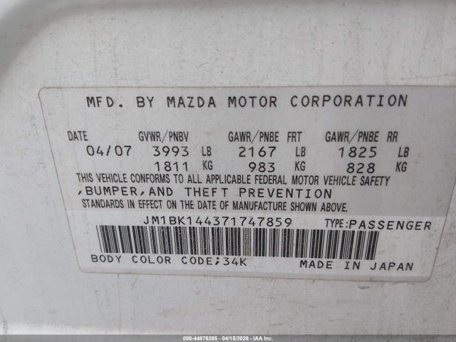 Aukcja sprzedaży 2007 Mazda Mazda3 S Sport, vin: JM1BK144371747859, numer aukcji: 44876395