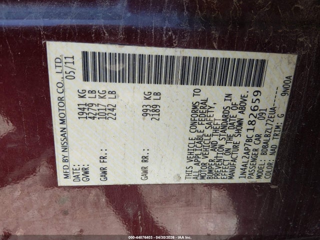 Aukcja sprzedaży 2011 Nissan Altima 2.5 S, vin: 1N4AL2AP7BC182659, numer aukcji: 44876403