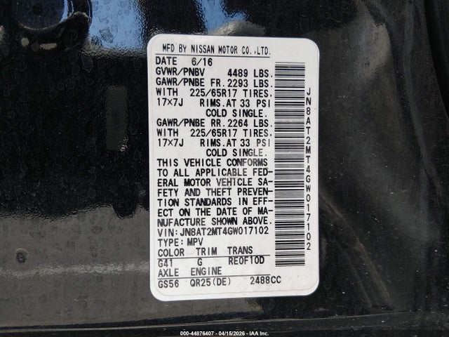 Aukcja sprzedaży 2016 Nissan Rogue S, vin: JN8AT2MT4GW017102, numer aukcji: 44876407