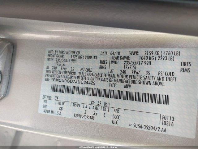 1FMCU9GD7JUC34429 Ford ESCAPE SE