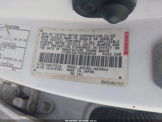 Aukcja sprzedaży 2002 Toyota Camry Se, vin: JTDBE32K720068549, numer aukcji: 44876425