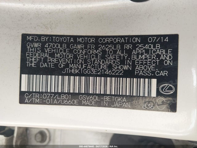 44876440 :رقم المزاد ، JTHBK1GG3E2146222 vin ، 2014 Lexus Es 350 مزاد بيع