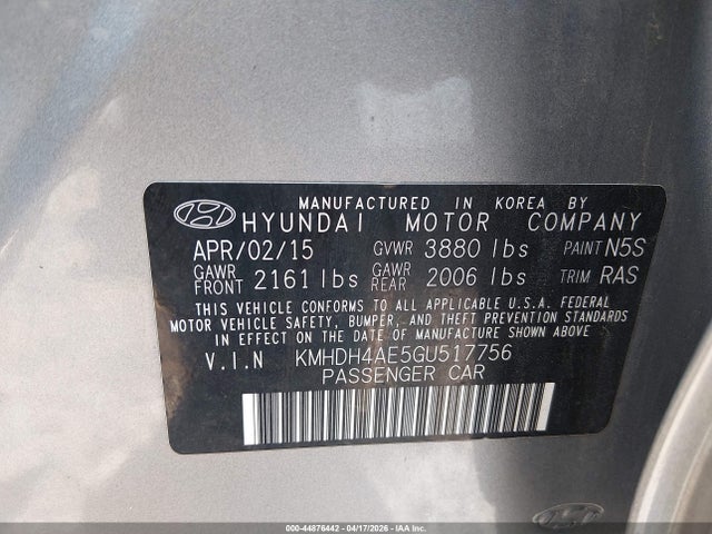 Aukcja sprzedaży 2016 Hyundai Elantra Se, vin: KMHDH4AE5GU517756, numer aukcji: 44876442