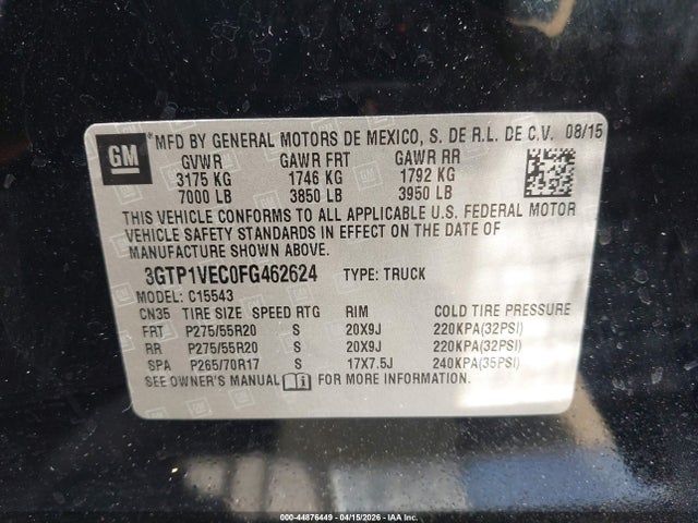 44876449 :رقم المزاد ، 3GTP1VEC0FG462624 vin ، 2015 Gmc Sierra 1500 Slt مزاد بيع
