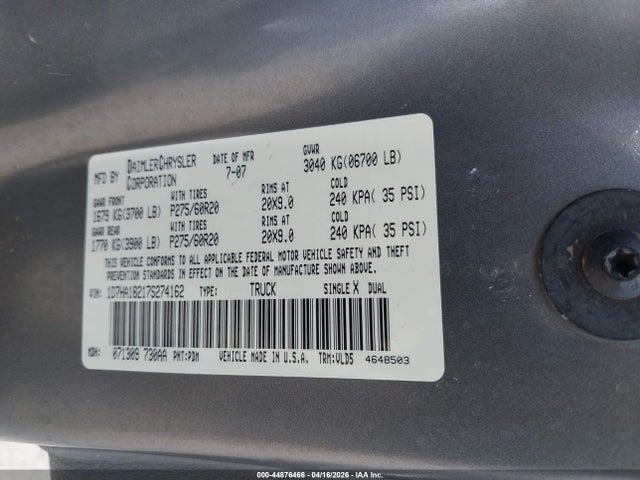 2007 Dodge Ram 1500 Laramie მანქანა იყიდება აუქციონზე, vin: 1D7HA18217S274162, აუქციონის ნომერი: 44876466