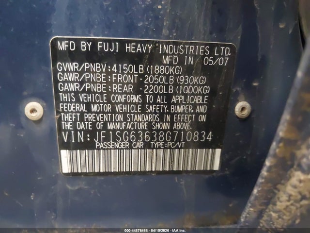 44876468 :رقم المزاد ، JF1SG63638G710834 vin ، 2008 Subaru Forester 2.5x مزاد بيع